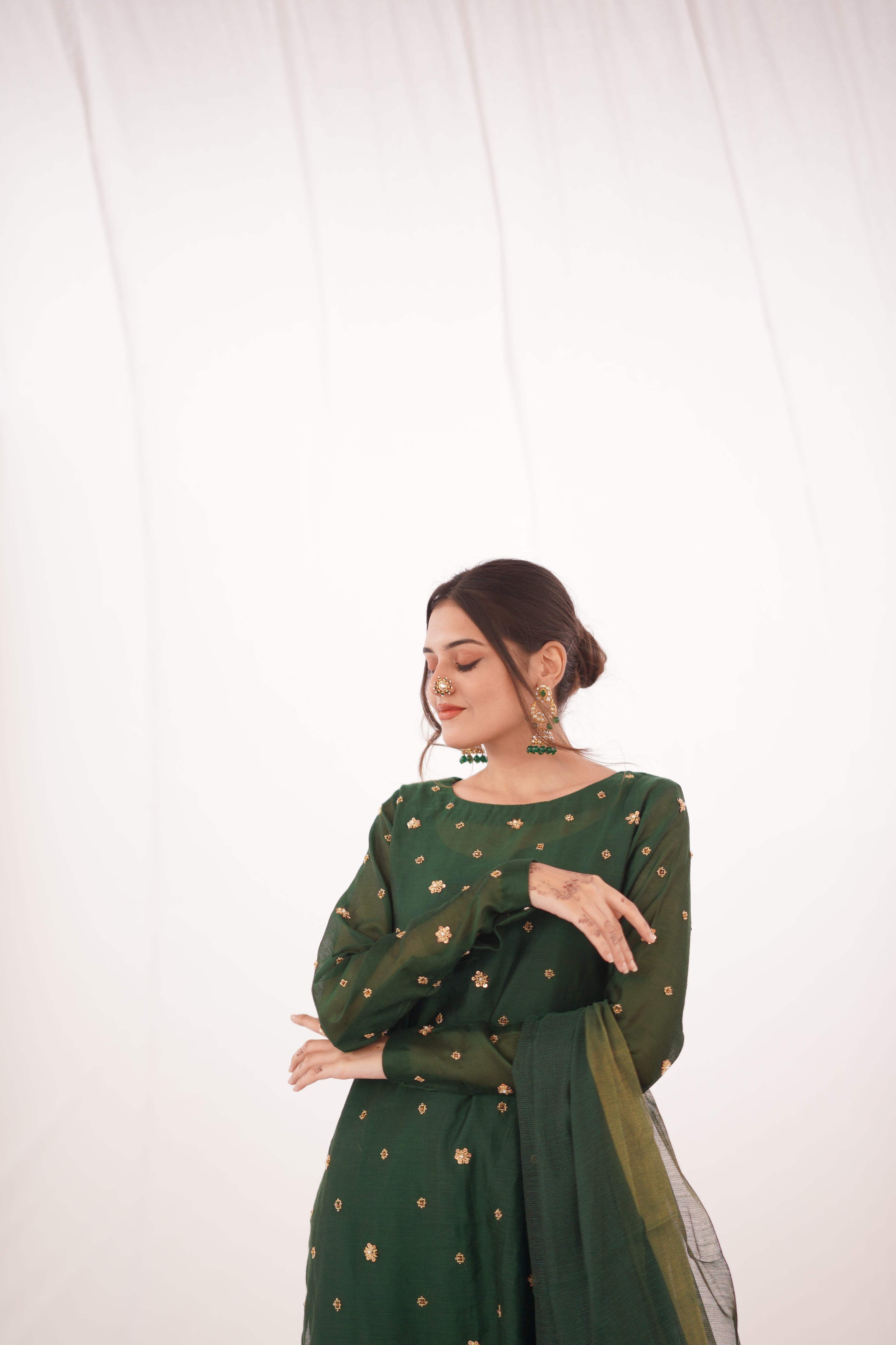 GREEN KHADDI NET LONG SHIRT DRESS