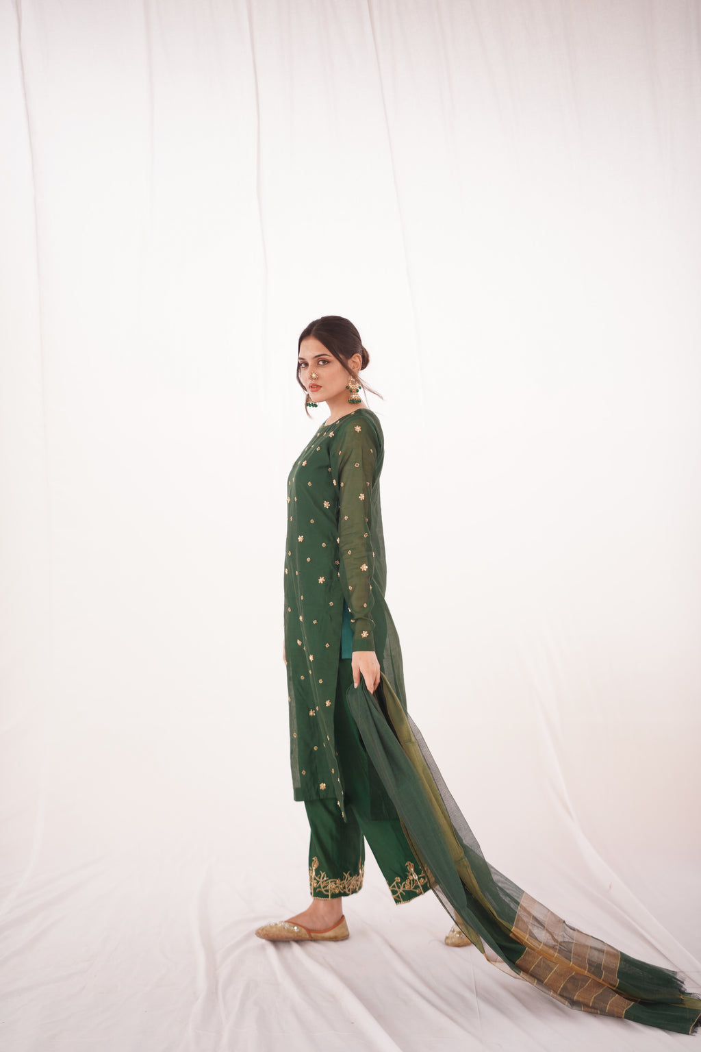 GREEN KHADDI NET LONG SHIRT DRESS