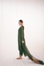 GREEN KHADDI NET LONG SHIRT DRESS